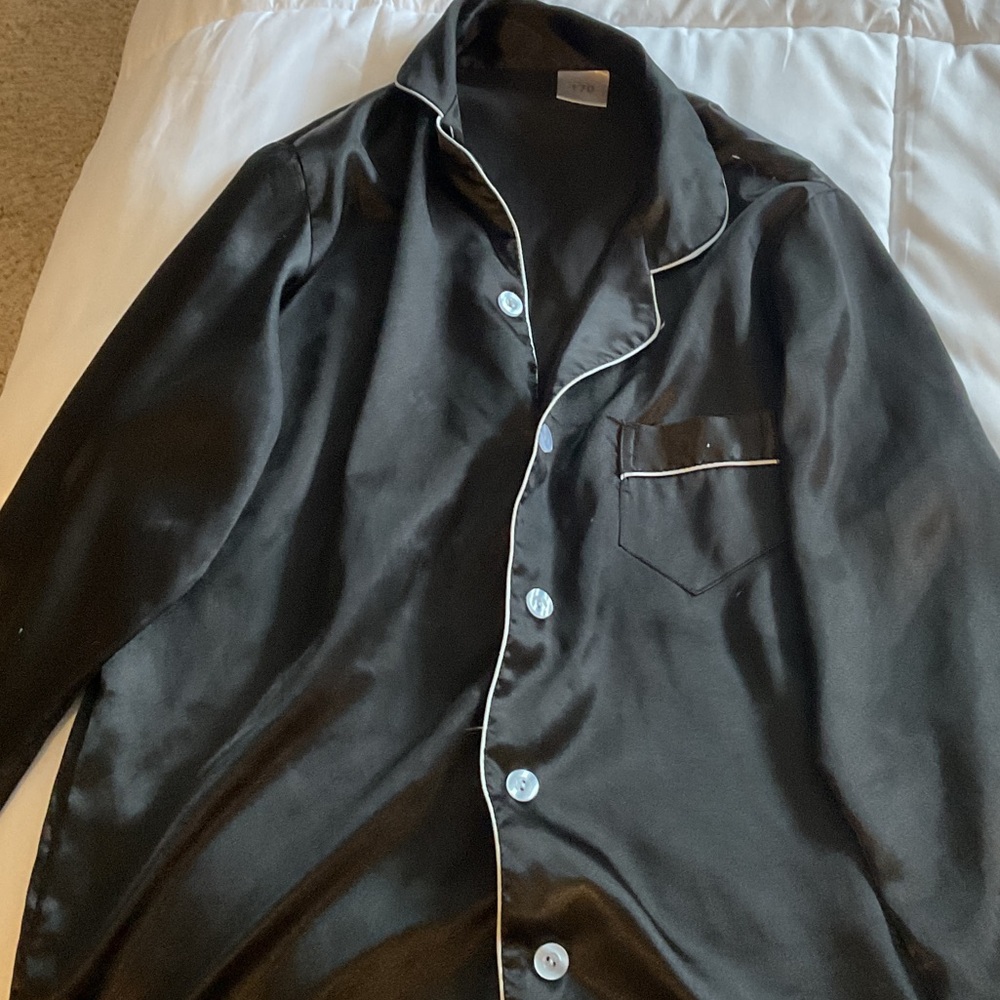 Black Satin Pajama Top with White Piping